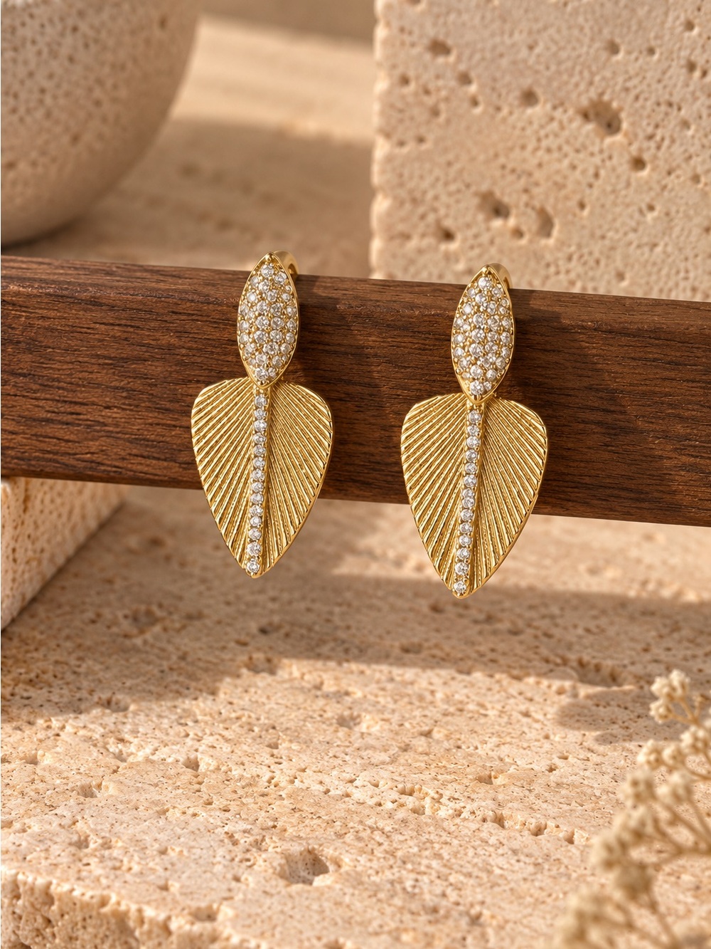 NWOT 14K Gold-Plated Sterling Silver Pavé Crystal Leaf Drop Earrings